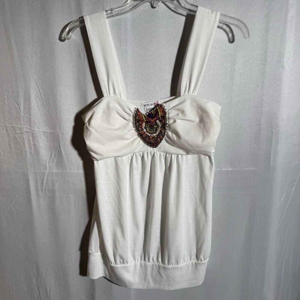 Body Central Beaded Tank Top Womens Large White Boho Festival Sleeveless Summer